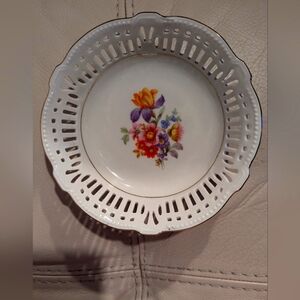 Vintage B.J.L. Germany Reticulated Porcelain Gold Trims Floral Bowl